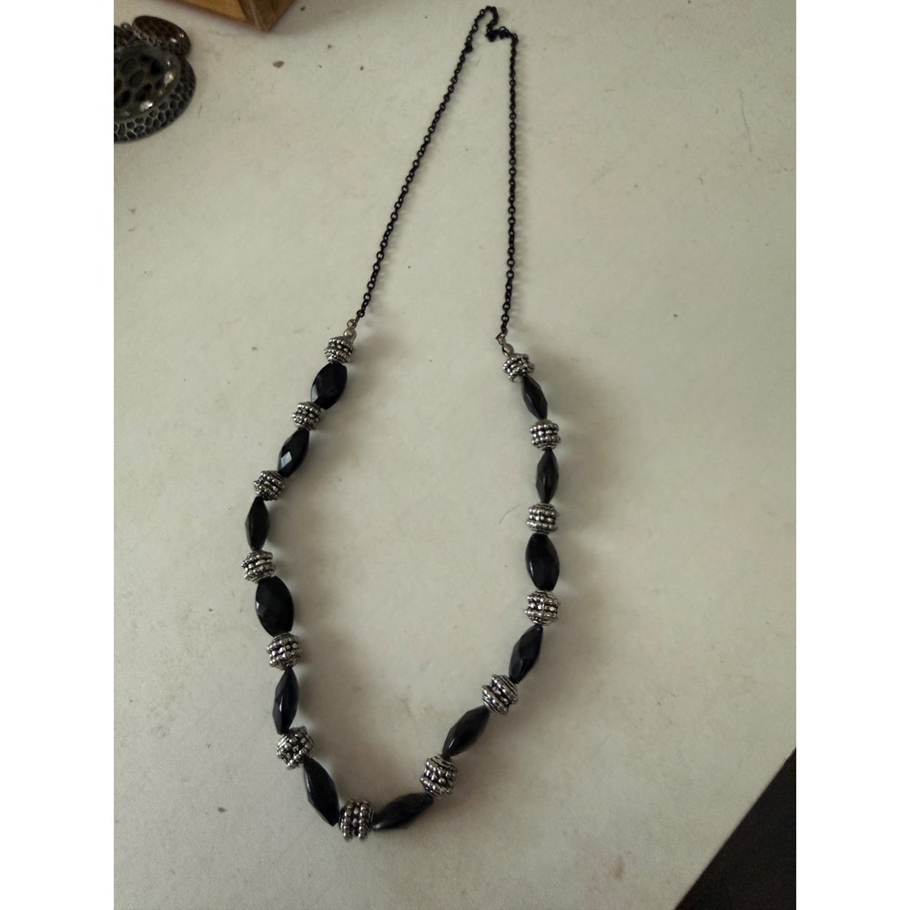 Black Beaded Necklace Silver Tone Textured Spacers‎ Long Chain Statement Jewelry